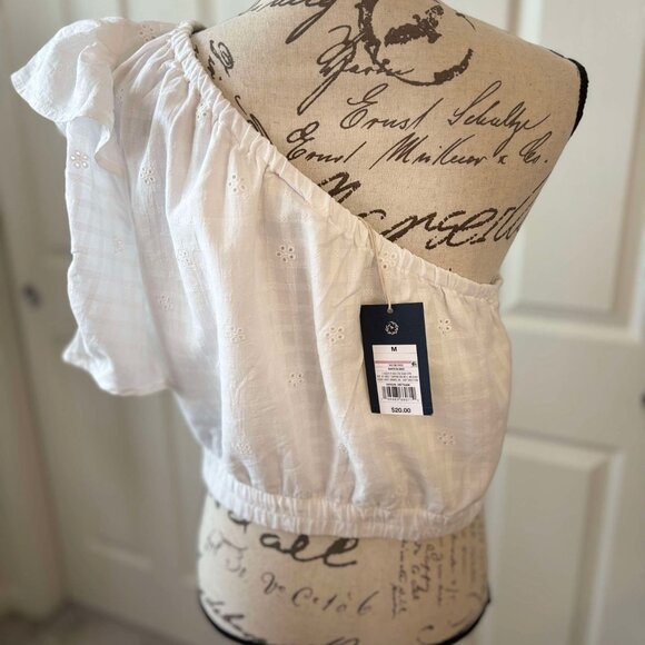 NWT Women's White One Shoulder Crop Top with Ruffled & Cinched Arm - Picture 7 of 9
